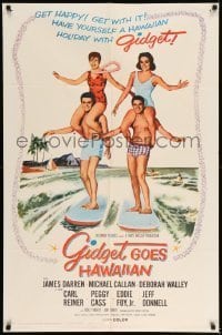 7b291 GIDGET GOES HAWAIIAN 1sh 1961 best image of two guys surfing with girls on their shoulders!