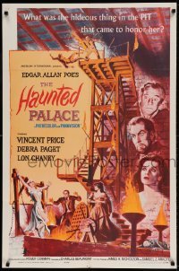 7b331 HAUNTED PALACE 1sh 1963 Vincent Price, Lon Chaney, Edgar Allan Poe, cool horror art!