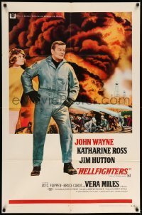 7b336 HELLFIGHTERS 1sh 1969 John Wayne as fireman Red Adair, Katharine Ross, art of blazing inferno