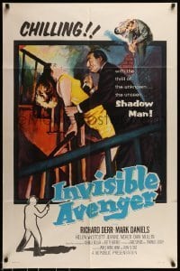7b399 INVISIBLE AVENGER 1sh 1958 the unseen Shadow Man, cool chilling horror artwork!