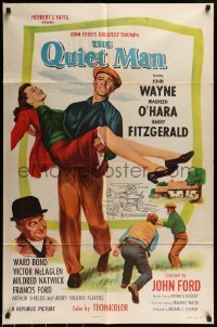 7b654 QUIET MAN 1sh R1957 great image of John Wayne carrying Maureen O'Hara, John Ford classic!