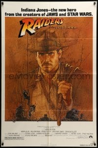 7b658 RAIDERS OF THE LOST ARK 1sh 1981 great art of adventurer Harrison Ford by Richard Amsel!