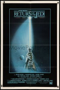 7b681 RETURN OF THE JEDI 1sh 1983 George Lucas, art of hands holding lightsaber by Tim Reamer!