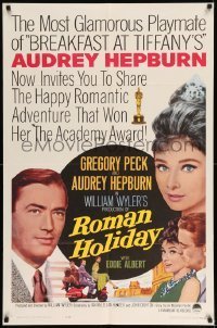 7b704 ROMAN HOLIDAY 1sh R1962 beautiful Audrey Hepburn & Gregory Peck, Vespa, William Wyler!