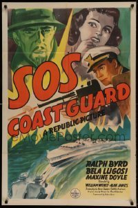 7b785 SOS COAST GUARD 1sh 1942 art of mad scientist Bela Lugosi & Ralph Byrd with machine gun!