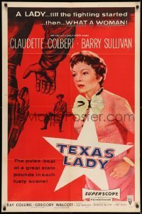 7b859 TEXAS LADY 1sh 1955 great close up art of Claudette Colbert, Barry Sullivan