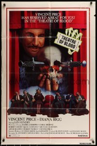 7b869 THEATRE OF BLOOD 1sh 1973 great art of Vincent Price holding bloody skull w/dead audience!