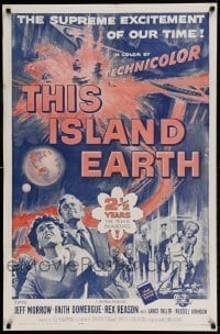 7b877 THIS ISLAND EARTH 1sh R1964 close up of Jeff Morrow, Faith Domergue & Rex Reason!