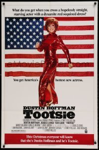 7b901 TOOTSIE advance 1sh 1982 great full-length image of Dustin Hoffman in drag by American flag!