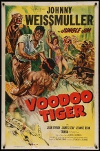 7b948 VOODOO TIGER 1sh 1952 cool action art of Johnny Weissmuller as Jungle Jim!
