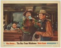 7c125 BOY FROM OKLAHOMA LC #3 1954 Michael Curtiz, c/u of Will Rogers Jr. & Lon Chaney Jr. at bar!