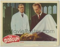 7c338 GORGON LC 1964 Peter Cushing examines woman's dead body under sheet, Hammer horror!