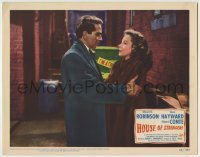 7c392 HOUSE OF STRANGERS LC #8 1949 close up of Richard Conte & fur-coated Susan Hayward in alley!