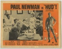 7c396 HUD LC #5 1963 Melvyn Douglas in restaurant with Paul Newman & Brandon De Wilde, Martin Ritt!