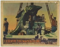 7c403 I COVER THE WATERFRONT LC 1933 great image of fishermen lifting shark onto their boat!