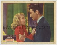 7c430 JOHNNY EAGER LC #8 R1950 c/u of angry Robert Taylor & scared Lana Turner in a tense moment!