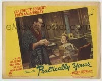 7c632 PRACTICALLY YOURS LC #6 1944 Air Force pilot Fred MacMurray smiles at Claudette Colbert w/dog!