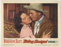 7c695 RIDING SHOTGUN LC #6 1954 best close up of Randolph Scott & pretty Joan Weldon embracing!