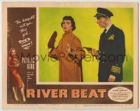 7c701 RIVER BEAT LC #4 1954 man in uniform holds a gun to bad girl Phyllis Kirk's back!