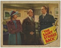 7c724 SAINT STRIKES BACK LC 1939 Jonathan Hale pointing gun at George Sanders by Wendy Barrie, rare!