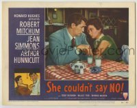 7c762 SHE COULDN'T SAY NO LC #6 1954 great close up of Robert Mitchum in diner with Jean Simmons!