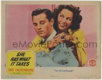7c764 SHE HAS WHAT IT TAKES LC 1943 Jinx Talkenburg kisses Tom Neal & leaves him confused!
