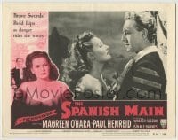 7c810 SPANISH MAIN LC #6 R1954 best romantic close up of pretty Maureen O'Hara & Paul Henreid!