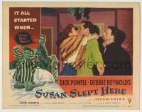 7c851 SUSAN SLEPT HERE LC #4 1954 great image of Debbie Reynolds kissing confused Dick Powell!