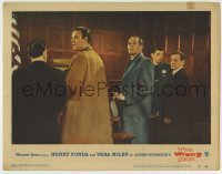 7c987 WRONG MAN LC #4 1957 Alfred Hitchcock, innocent Henry Fonda arraigned in courtroom!