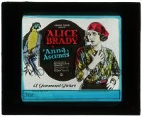 7d262 ANNA ASCENDS glass slide 1922 great image of pretty Alice Brady staring at colorful parrot!