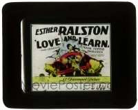 7d368 LOVE & LEARN glass slide 1928 great image of Esther Ralston driving her car through a wall!