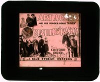 7d414 RUSTLERS' RANCH glass slide 1926 Art Acord and his Wonder Horse Raven save a family's ranch!
