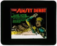 7d428 SUNSET DERBY glass slide 1927 great artwork of Mary Astor cheering on jockeys in horse race!