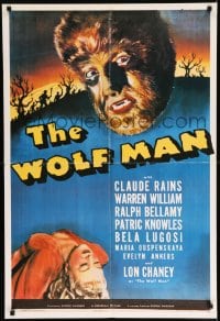 7f999 WOLF MAN 26x39 commercial poster 1990s hairy Lon Chaney Jr., reproduces 1941 one-sheet!