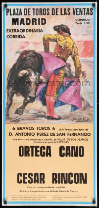 7f263 PLAZA DE TOROS LAS VENTAS MADRID Spanish 18x39 1977 art of matador & bull by Marti Fant!