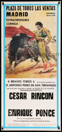 7f262 PLAZA DE TOROS LAS VENTAS MADRID Spanish 18x39 1977 art of matador & bull by Lopez Canito!