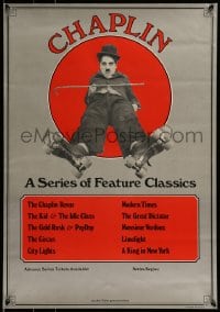 7f409 CHAPLIN 20x28 film festival poster 1973 image of Charlie with cane wearing roller skates!