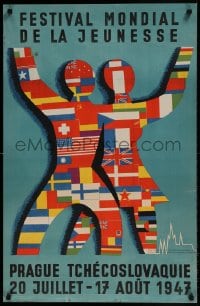 7f645 FESTIVAL MONDIAL DE LA JEUNESSE 23x36 Czech special 1947 people made of several country flags!