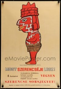 7f699 MOST SZERENCSEJE LESZ 19x28 Hungarian special 1968 wild art of an Aztec luck figurine!