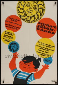 7f708 NYARI JATEKVASAR 23x33 Hungarian special 1966 artwork of happy child by Zsolt Boromissza!