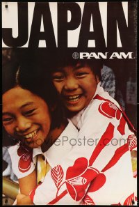 7f238 PAN AM JAPAN 28x42 travel poster 1980s cute image of people laughing & smiling!