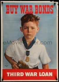7f207 BUY WAR BONDS 20x28 WWII war poster 1943 Victor Keppler art of boy w/ fallen father's medal!