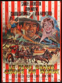 7g771 CIRCUS WORLD French 1p 1964 best art of Claudia Cardinale & John Wayne by Jean Mascii!