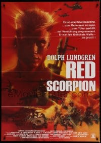 7g164 RED SCORPION German 33x47 1989 cool artwork of Dolph Lundgren looming over desert battle!