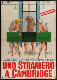 7g422 BACHELOR OF HEARTS Italian 1p 1958 Nano art of Hardy Kruger naked between women in shower!