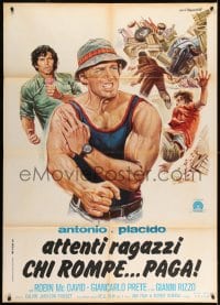 7g609 WHO BREAKS PAYS Italian 1p 1976 Tarantelli art of strongman Brad Harris & Giancarlo Prete!