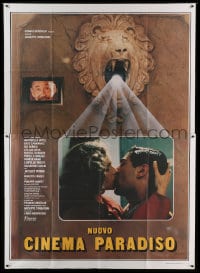 7g322 CINEMA PARADISO Italian 2p 1989 lion head projecting young lovers kissing, very 1st release!