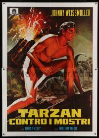 7g404 TARZAN'S DESERT MYSTERY Italian 2p R1970s Piovano art of Weissmuller, dinosaurs & volcano!