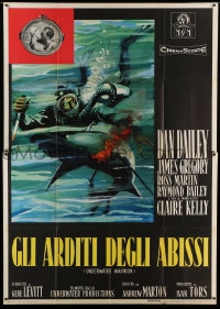 7g411 UNDERWATER WARRIOR Italian 2p 1958 cool art of underwater demo team scuba diver Dan Dailey!