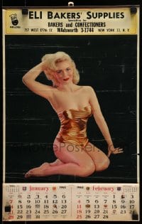 7g048 GOLDEN CHARMER 12x19 calendar 1962 sexy blonde posing in skimpy gold swimsuit!